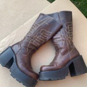DESTROY Brown Platform Leather Boots,made in Spain 90’